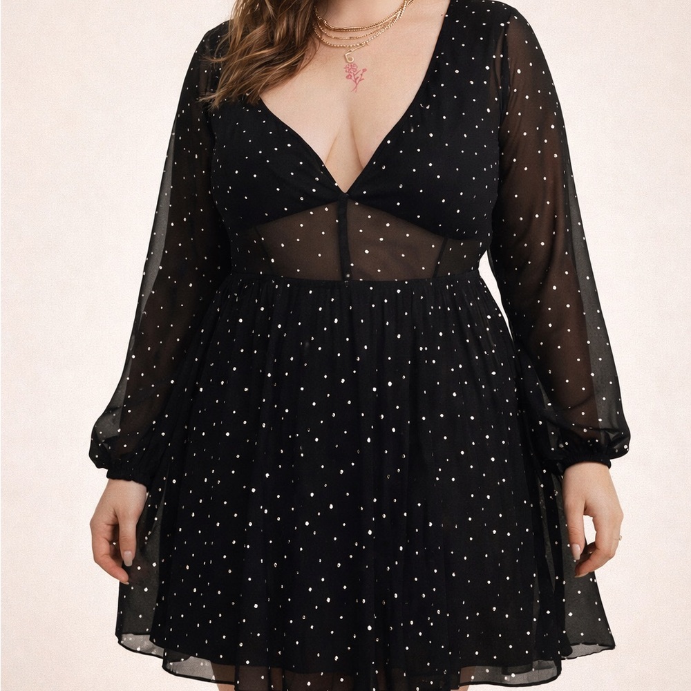 SHEIN Black Sheer Polka Dot Mesh Fit-and-Flare Dress